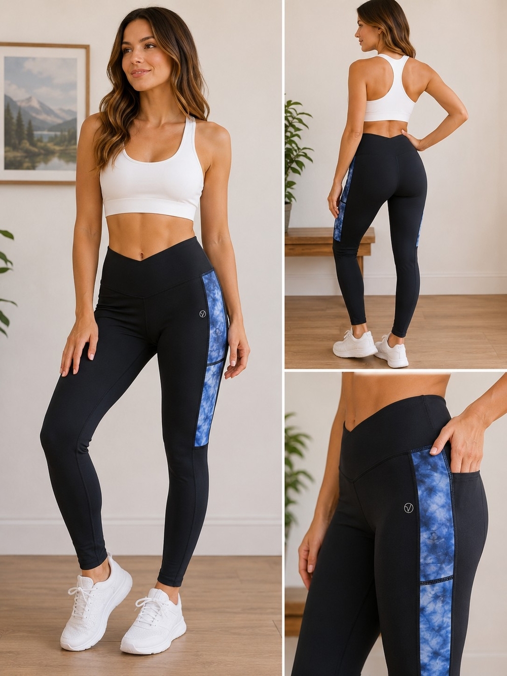 VOGO Athletica Black Leggings with Blue Tie-Dye Side Panels